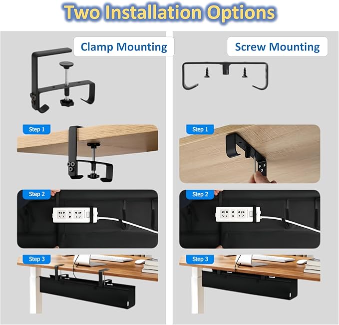 36" Under Desk Cable Management Tray - No Drill Oxford Cloth Cord Organizer with Clamp & Screw Mount - Large Capacity Fabric Cable Holder for Home Office, Gaming Desk & Standing Desk (Black)