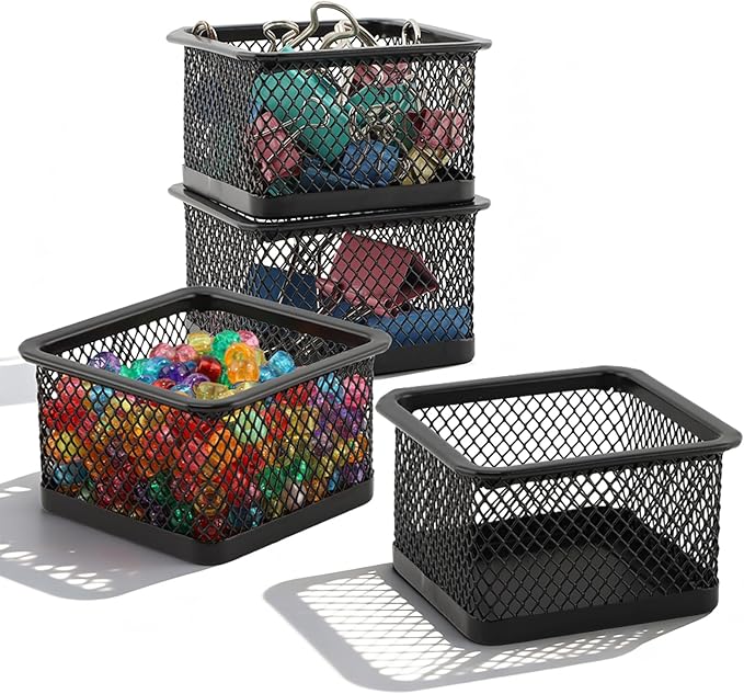 Paper Clip Holder, Stackable Mesh Desk Organizer, 4 Pack Black Metal Dispenser Organizer Box for Desk Office Binder Supplies & Small Accessories(Size:Square)