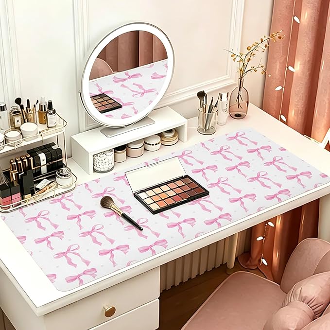Desk Mat, Pink Bow Mouse Pad Large for Computer Laptop, PU Leather Non-Slip Waterproof Writing Pad Desk Blotter, Cute Girly Desktop Protector Pink Office Desk Accessaries for Women 31.5 x 15.7 Inch