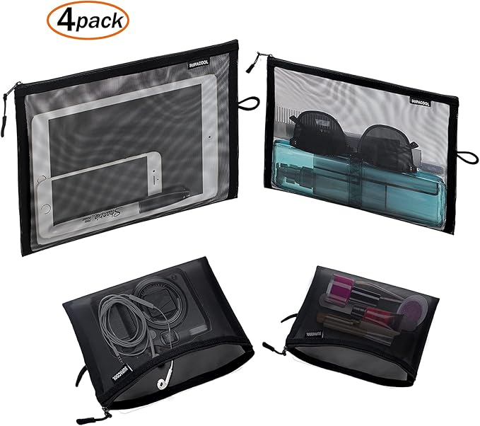 SUPACOOL Set of 4 Travel Mesh Makeup Bag, Cosmetic Organizer Pouches with Zipper, Diaper Organizing Pouches, Nylon Toiletries Bag for Women and Men(4pcs, Black)