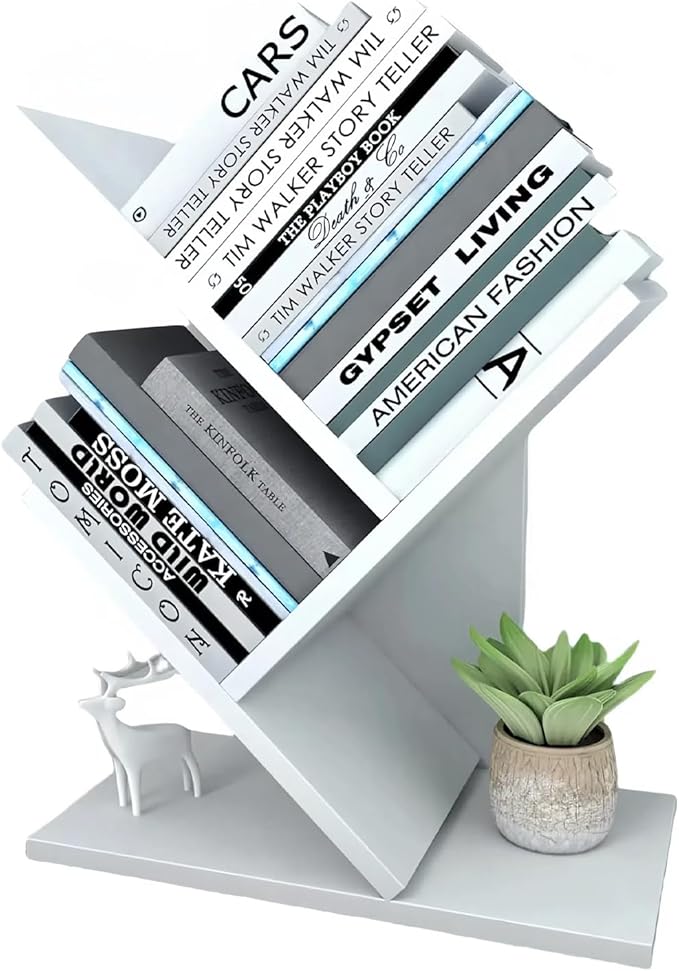Godferyxin Tree Bookshelf, 3-Tier Small Bookcase for Desk โ Wood Small Bookshelf with Storage Shelves, Mini Bookcase for Bedroom, Office, White Bookshelf, CDs, Magazines Desktop Book Tree