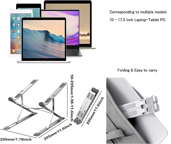 Adjustable Laptop Stand, Foldable Aluminum for 10-17” Laptops, Ergonomic Silver