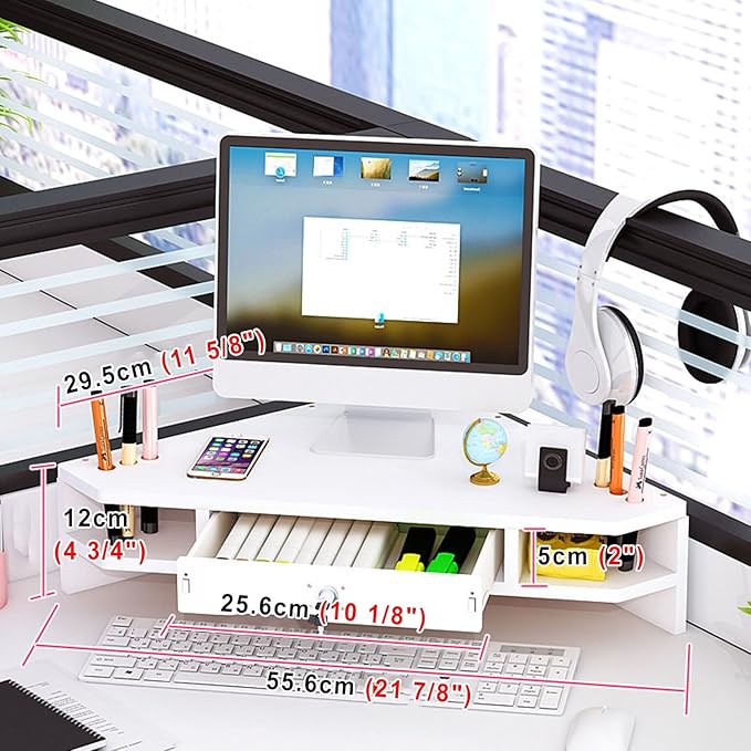 ROYUMI White Corner Monitor Riser with Drawer, Triangle Screen Stand with Lock, Ergonomic Computer Monitor Stand, Triangle Storage Desk Stand