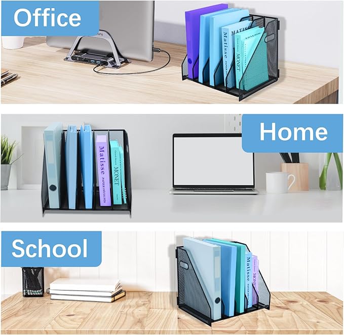 Desk Organizers Metal Magazine File Holder Racks Desktop Folder Storage Binder Organiser Document Organization for Home Office & Classroom,5 Vertical Compartments