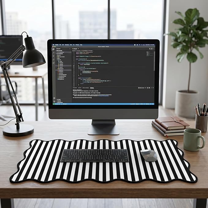 Scalloped Desk Mat Extended Large Cute Striped Mouse Pad Big Desk Pad XXL Aesthetic Stripe Mousepad Gaming Mouse Pad for Keyboard Computer Laptop Home Office Accessories 31.5X15.7Inches Black White