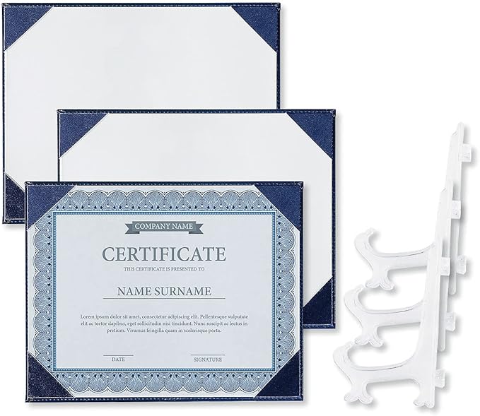 Navy Faux Leather Certificate Holders with Acrylic Easel Stand – 3-Pack, Holds 8.5 x 11" Letter-Size Document Vertically or Horizontally, Professional Certificate Award Frame