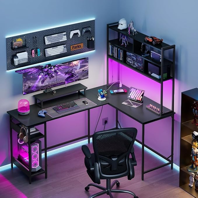 DEVAISE 66 Inch L Shaped Gaming Desk with Drawers and Storage, Corner Desk with LED Lights, Power Outlets, Computer Desk with Monitor Stand, Office Desk for Home, with Hutch, Black