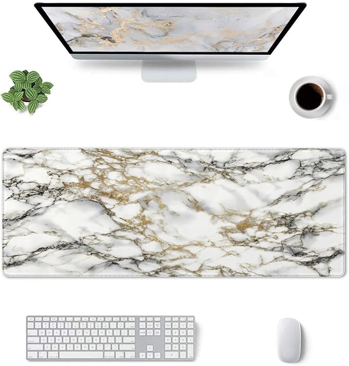 White Black Gold Marble Texture Large Mouse Pad & Desk Mat Extended Mousepad Non-Slip Rubber Base Laptop Computer Keyboard Pad for Gaming, Office & Home Decor, XL - 31.5" X 11.8"