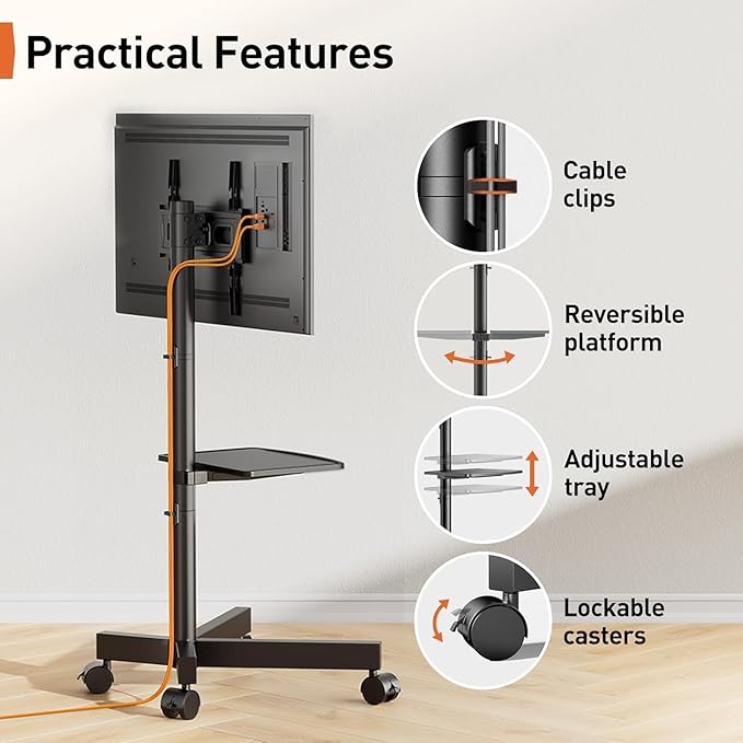 Perlegear Rolling TV Stand for 23-60 Inch LED Flat Screen/Curved TVs up to 88lbs,Mobile TV Stand Wheels with Height Adjustable Portable Rolling TV Cart Max VESA 400x400mm PGTVMC06