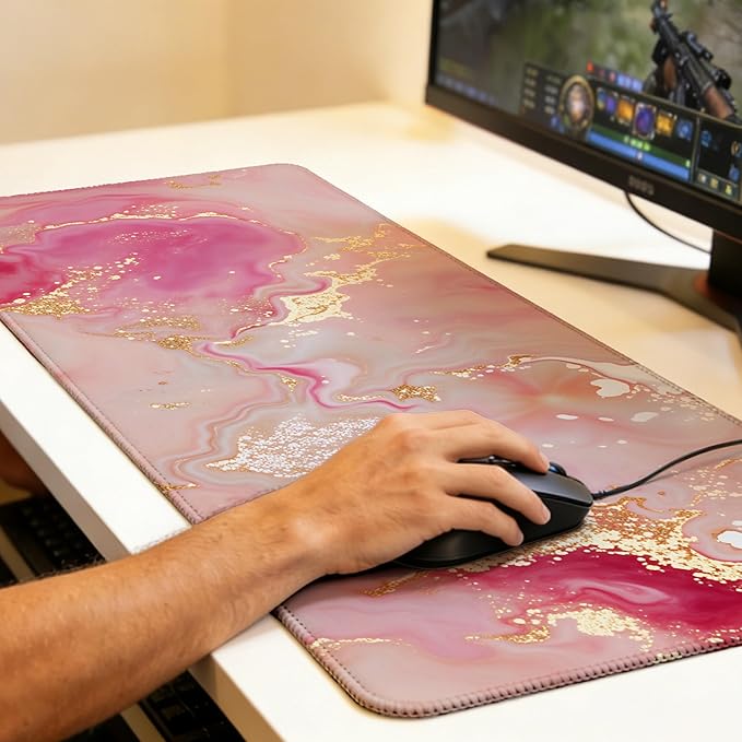 Pink Gold Marble Mouse Pad,35.4 x 15.7 Inch Large Mouse Mat Non-Slip Rubber Stitched Edges for Writing Desk,Office,Home,Laptop