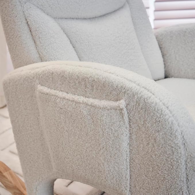 Comfy Rocking Chair Nursery Glider, Upholstered Nursery Chair with Foot Rest, Modern Rocker Chair with Pocket, Accent Armchair with Smooth Rocking Base for Nursing, Reading, Relaxing (Ivory Teddy)