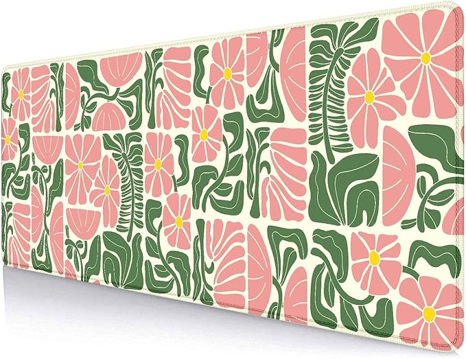 Mid Century Vintage Pink Green Floral Desk Mat, Modern Abstract Geometric Botanical Large Gaming Mouse Pad, Colorful Boho Mousepad, Cute Retro Desktop Decor, Laptop Computer Pad, 31.5x11.8 Inch