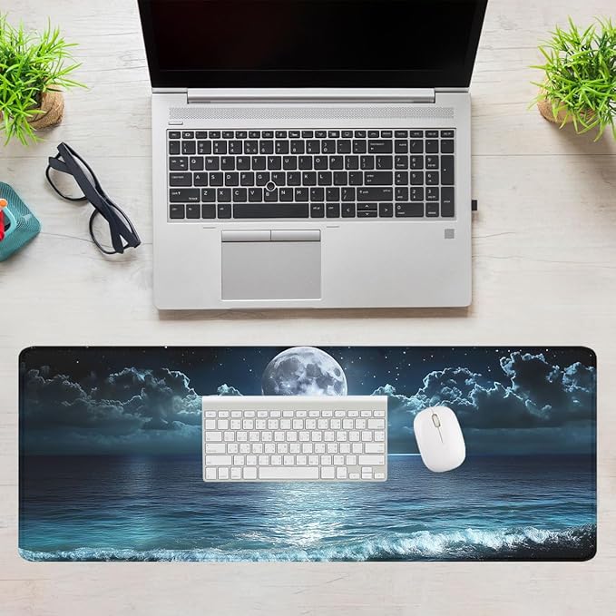 Night Beach Gaming Mouse Pad Moonlit Ocean Mystic Sea Large Gaming Mouse Mat with Stitched Edges,Non-Slip Waterproof Rubber Base Mous Mat 31.5"x11.8"