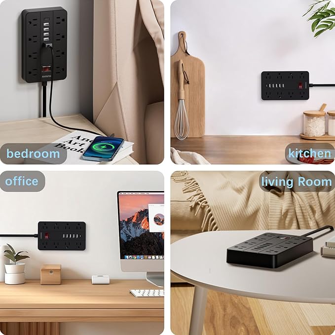 Power Strip with Multiple Outlets, HUNIAN Flat Plug 10 Ft Long Extension Cord with 8 Widely Spaced Outlets 6 USB (1 USB C Port), Wall Mount Charging Station for Home and Office