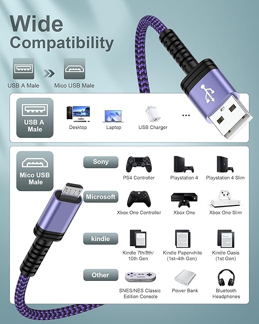 AILKIN Micro USB Charging Cable, 1 Pack 6FT Android Charger Cord Nylon Braided Fast Charging Cable Compatible Galaxy S6 S7 Edge,Kindle,Android & Windows Smartphones, PS4 and More-Purple
