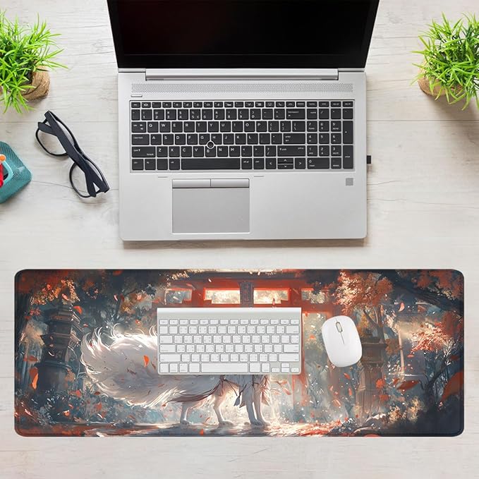White Fox Gaming Mouse Pad Japan Shrine Cherry Blossoms Sunlight Extended Keyboard Mouse Mat for Computer Office, Big Laptop Mouse pad, Gaming Pc 31.5x11.8 in