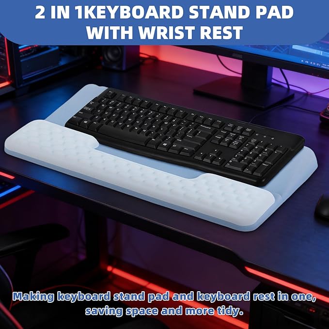 Keyboard Stand with Wrist Rest,Ergonomic Wrist Pad Memory Foam Keyboard Riser Holder Tray with Non-Slip Base, Pain Relief for Work Study Game (Blue)