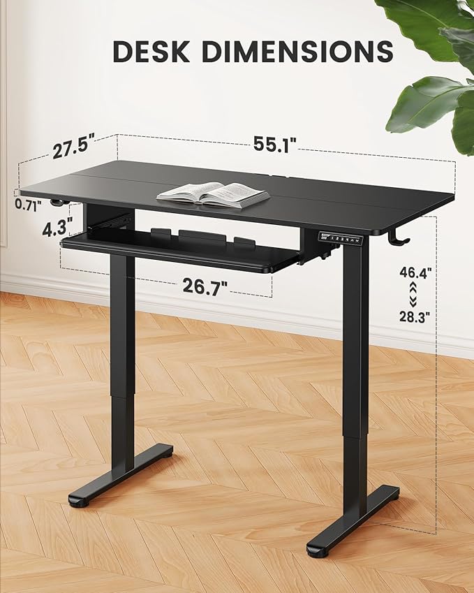 ErGear Electric Standing Desk with Keyboard Tray, 55x28 Inches Adjustable Height Sit Stand Up Desk, Home Office Desk Computer Workstation, Black