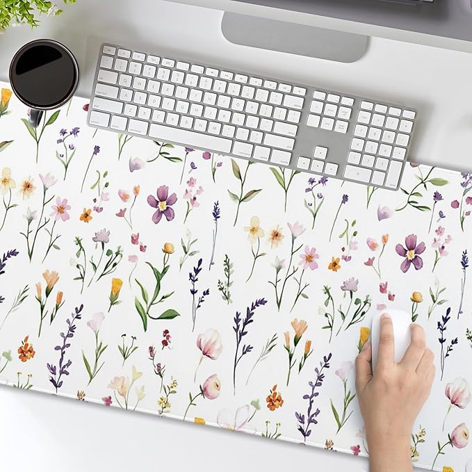 Spring Summer Wildflower Desk Pad Mouse Pad XXL 35.4”x15.7” Large Extended Gaming Mouse Pad with Stitched Edges Non-Slip Rubber Base Mousepad Floral Desk Accessories for Home Laptop Office Work Game