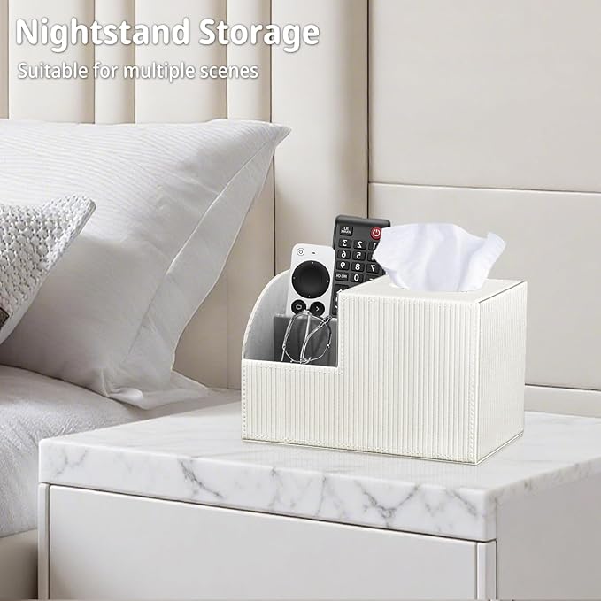 Square Tissue Box Cover with Storage, PU Leather Cube Tissue Box Holder, Remote Control Nightstand Organizer, Modern Desk Caddy for End Table, Bathroom, Bedroom, Home, Office Decor