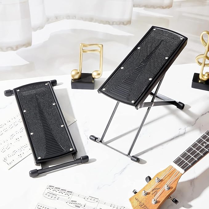 Guitar Foot Stool, 6-Position Height Adjustable Guitar Foot Rest Stand with Rubber End Caps and Non-Slip Rubber Pad for Classical, Acoustic, Electric Guitar - Black