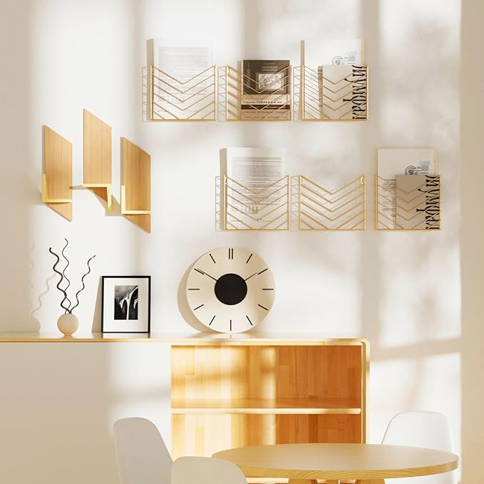 CROISSANT Black Wall Mounted File Organizer,Metal Magazine Basket, Concave Wall Mounted Magazine Rack, Suitable for Hanging File Folders for Office Living Room (Golden, 4 Pack)