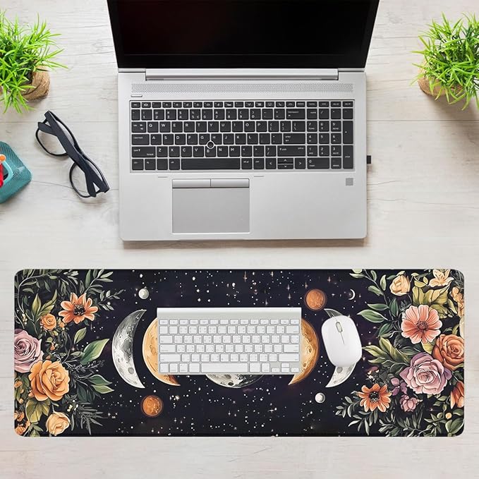 Moon Phases Desk Pad Mouse Pad Boho Celestial Floral Astrology XL Mouse Pad Large Mousepad Extended Laptop Keyboard Mat Gaming Desk Pad Mouse Mat 31.5"x11.8"