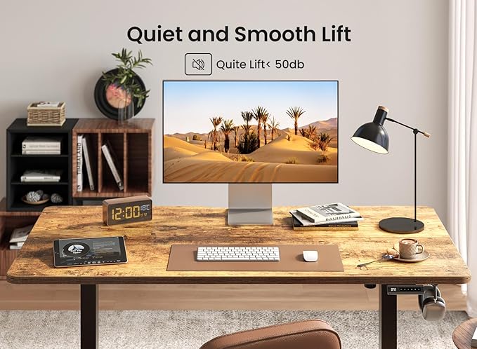 BANTI 55 × 28 Inches Standing Desk, Ergonomic, Electric Height Adjustable, Sit and Stand Up, Computer Desk with a Deeper Desktop, Black Frame/Rustic Brown Top