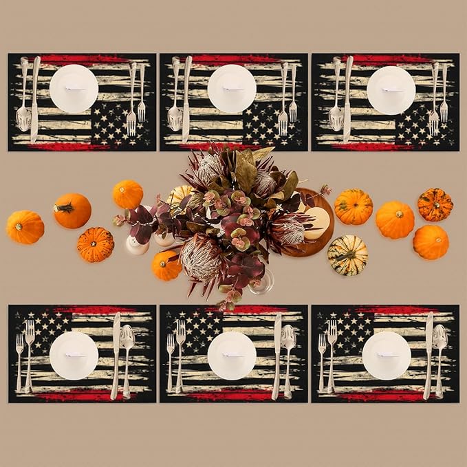 Placemats Set of 4 Heat-Resistant Rectangle Place Mats Independence Day USA Flag Washable Plastic PVC Dining Table Mat Non-Slip Wipeable Woven Vinyl Placemat for Kitchen Patio Table Decor