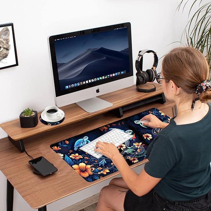 Ergonomic Mouse Pad Set with Wrist Support for Keyboard and Wrist Rest for Mouse, Memory Foam Comfort, Non-Slip Large Desk Mat for Home Office Pain Relief,Sea Turtle with Flower