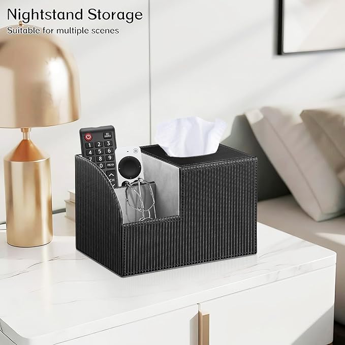 Tissue Box Cover Square with Storage, PU Leather Cube Tissue Box Holder, Multifunction Remote Control Nightstand Organizer, Modern Desk Caddy for End Table, Bathroom, Home, Office Decor
