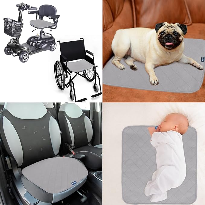 Waterproof Chair Pads for Incontinence 18" x 16", 2 Pack Non Slip Absorbent Wheelchair Reusable Seat Protector, Washable Seat Covers for Chairs, Gray
