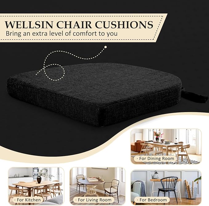 Wellsin Chair Cushions for Dining Chairs 4 Pack - Kitchen Chair Cushions with Ties and Non-Slip Backing - Dining Chair Pads 16"X16"X2", Black