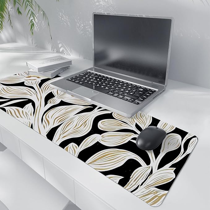 Black Beige Floral Mouse Pad,Vintage Botanical Desk Mat,Medieval Aesthetic Neutral Flower Large Mousepad for Home Office Dorm Desktop Decor,31.5x11.8 Inch