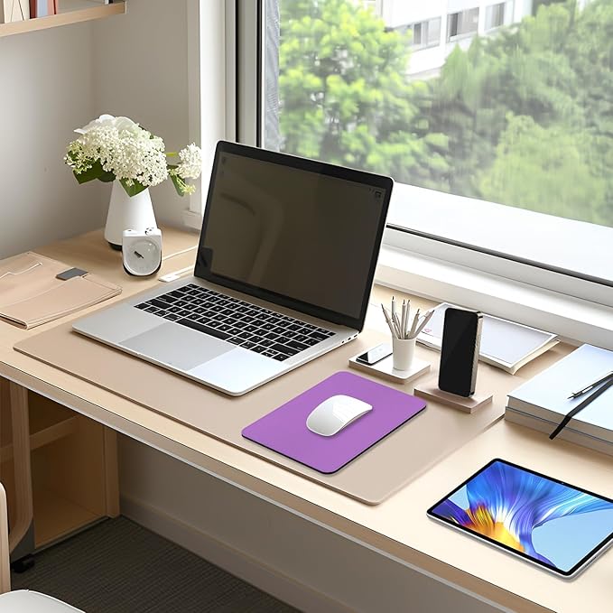 Leather Mouse Pad, Office Mouse Mat Non-Slip Rubber Base Stitched Edge Washable Waterproof Rectangular Mousepad for Office Gaming PC Laptop, 9.8" x 7.9", Purple
