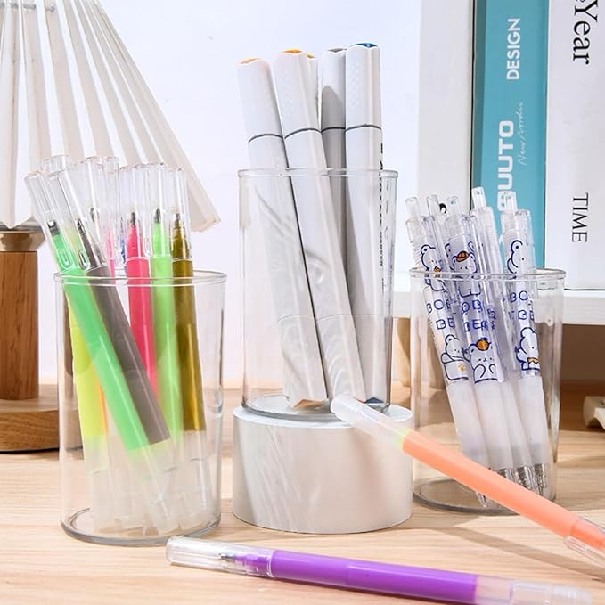 16 Pack Acrylic Pen Holder Set, 8PCS Square Pencil Organizer for Desk + 8PCS Round Clear Makeup Brush Holder, Pencil Cup Pen Organizer for School Office Stationery
