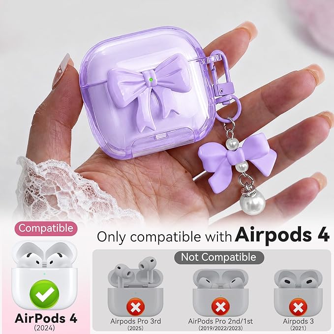 for Airpods 4 Case Pink 2024 with Safety Lock & Phone Stand, 3D Bow Clear iPod 4 Cases with Cute Keychain & Cleaning Kit, Soft TPU Cover for AirPods 4th Generation Case Girls Women (Purple)