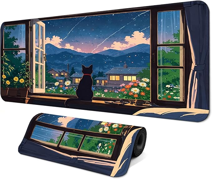 Black Cat Perched on a Windowsill Gaming Mouse Pad with Non-Slip Rubber Base, Large Kawaii Anime Mousepad with Stitched Edges, Long Keyboard Mat for Laptop and Mouse, 31.5 x 11.8 inches