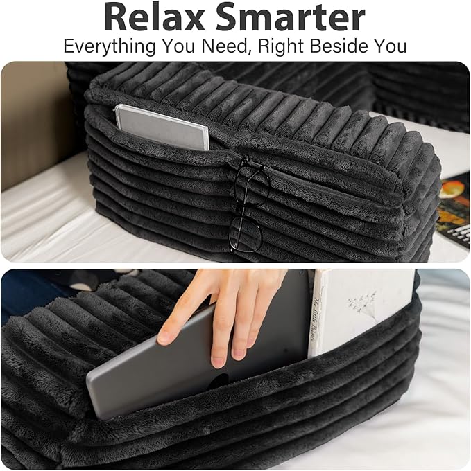 ENITYA 22" XL Ergonomic Bed Pillow for Sitting Up,Backrest Cushion for Reclining,Gaming,Resting,Watching TV,Recovery in Bed, Couch or Floor, Removable Cover, Black
