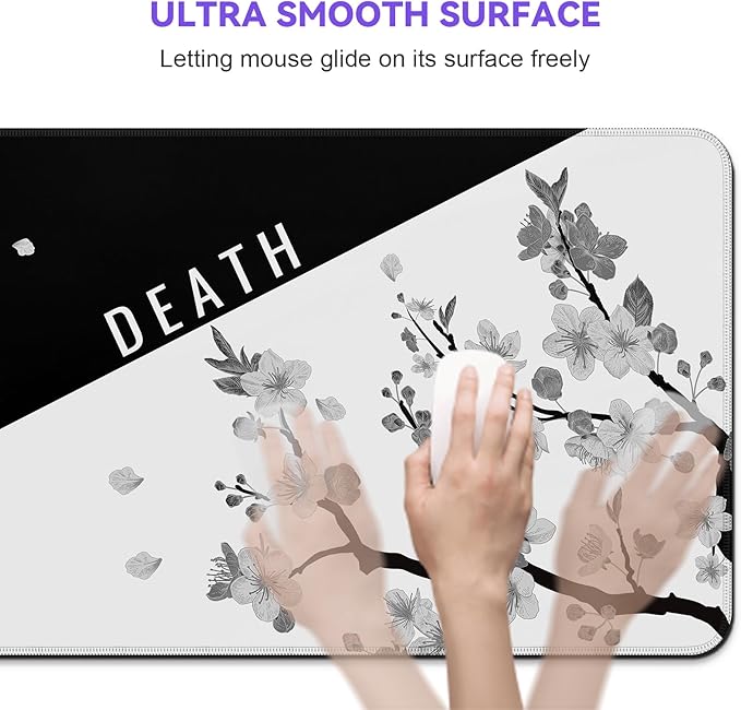DIGSOM Mouse Pad Gaming Keyboard Pad 31.5 x 11.8 in Gaming Mouse Pad with Anti-Slip Rubber Base and Stitched Edges, Japanese Life Death Keyboard Mat(Black with White Cherry Blossom)