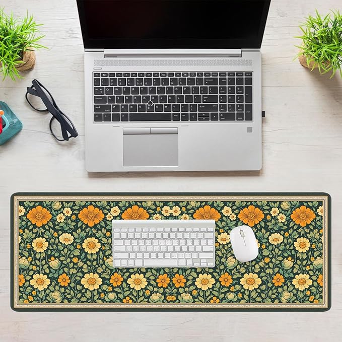Vintage Floral Mouse Pad, Dark Green Orange Garden Gaming Desk Mat Extended Laptop Keyboard Non-Slip Rubber Base with Stitched Edges for Home, 31.5x11.8in Desk Home Office Gaming