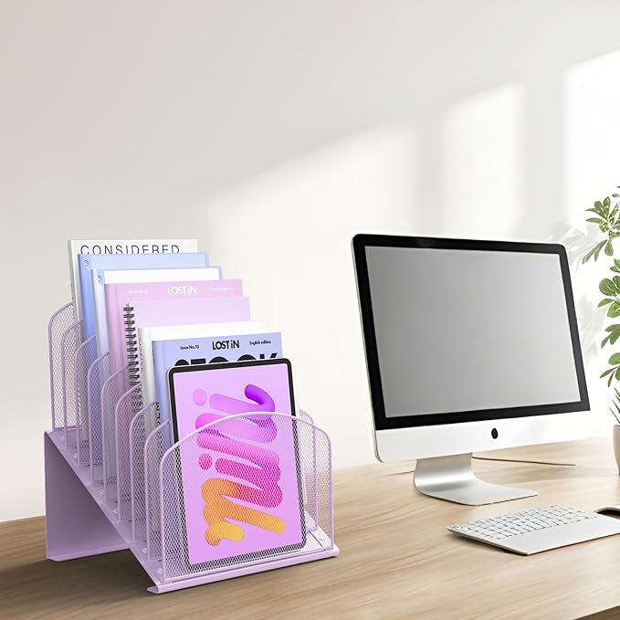 Inclined Desk File Organizer Metal Desk Magazine Folder Holder with 8-Section Vertical Compartments Rack File Organizer for Office, Home, School, Purple