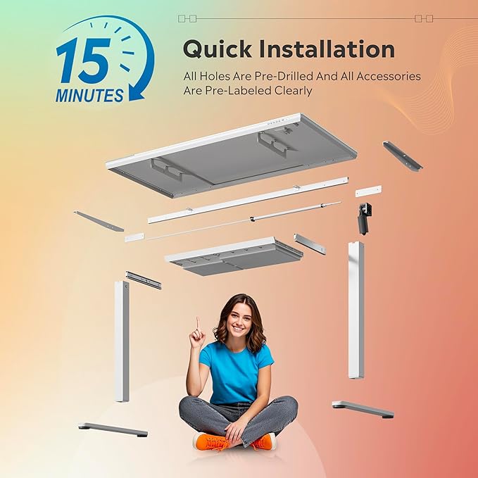 DEVAISE 48 Inch Electric Standing Desk, 3 Adjustable Computer Desk for Home Office, with LED Touchscreen,Headphone Hook, 3 Memory Preset, with One-Piece Glass Desktop, White