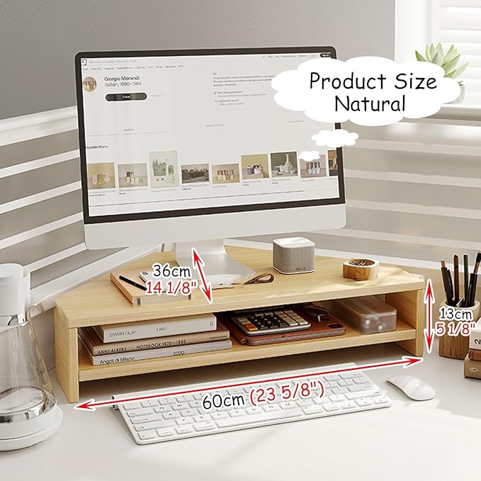 Corner Monitor Stand Wood Cut Triangle Corner Computer Stand, Desk Corner Monitor Riser with Storage Keyboard & Mouse, Screen Stand Office Workspace Organizer ( Color : Natural , Size : H-13cm(5 1/8")