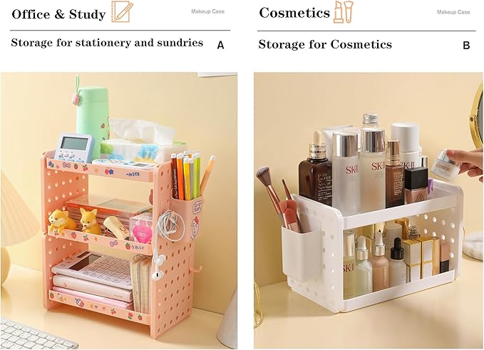 Lae Nuvole Desktop Organizer Shelf Stationery Organizer with Pen Holder Office Desk Pegboard Shelf Plastic Combinable Organization and Storage for Desk, Office, Countertop, Dorm (White, 3 Tier)