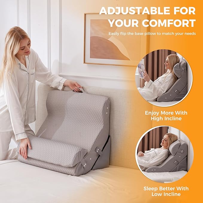 Ruqmuis 3PCS Wedge Pillow Set for After Surgery, Adjustable Back Pillow for Bed Sitting up, Acid Reflux, Bed Wedge Pillow Headboard for Sleeping & Snoring, Orthopedic Pillow for Post Surgery, Grey