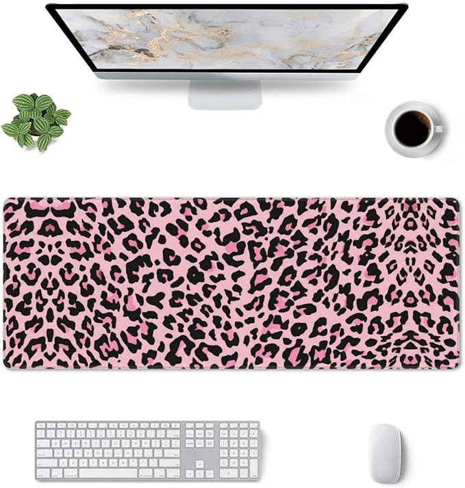 Pink Leopard Large Mouse Pad & Desk Mat Extended Mousepad with Stitched Edges Non-Slip Rubber Base Laptop Computer Keyboard Pad for Gaming, Office & Home Decor, XL - 31.5" X 11.8"