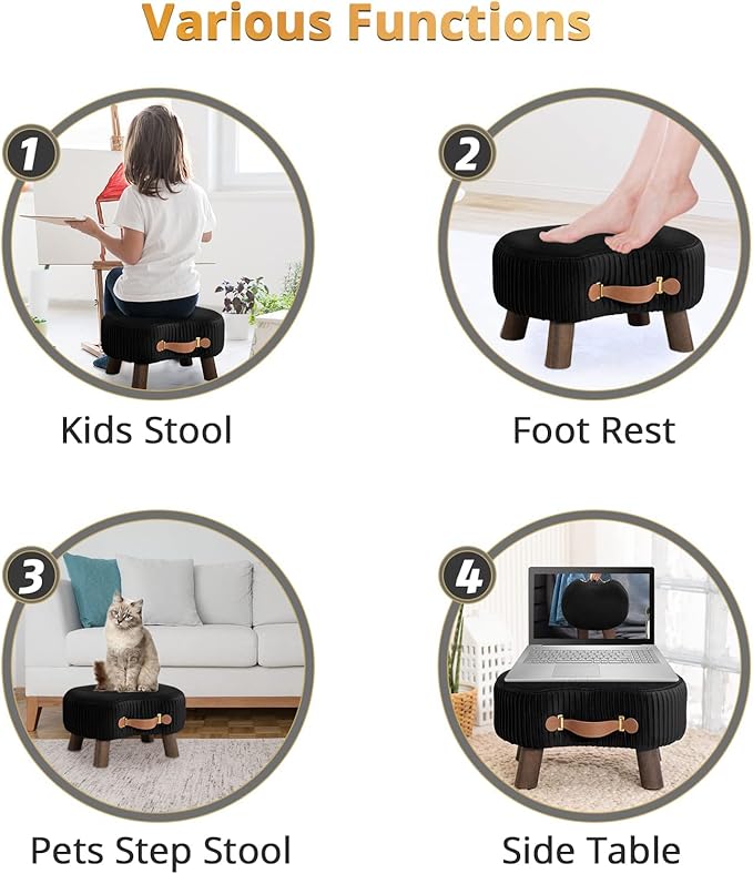 LUE BONA Small Curved Foot Stool with Handle, Black Velvet Footstool and Ottomans, Modern Foot Rest with Wooden Legs, Step Stool with Padded Seat for Couch, Living Room