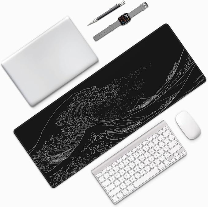 Extended Gaming Mouse Pad, Large Gaming Mouse Waterproof with Stitched Edges, Non-Slip Desktop Pad for Home and Office, Level Up Your 31.5x11.8 Inchโฆ (Black Wave)
