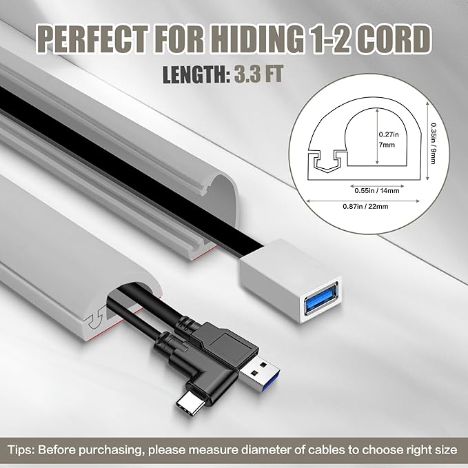 Cord Wall Cover, 39in Self-Adhesive Wire Covers for Cords on Wall, Extension Cable Hider for Floor, Mounted Tv, Home and Office Cavity 0.63" Wx0.31 H